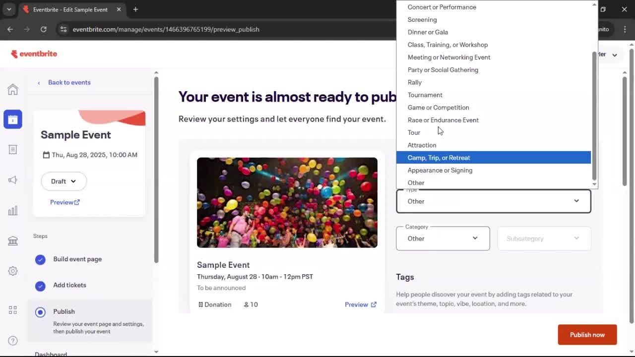 Creating an event screenshot