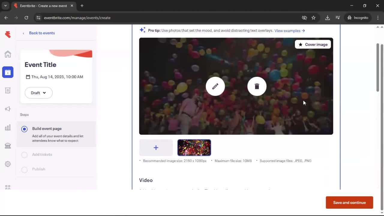 Creating an event screenshot