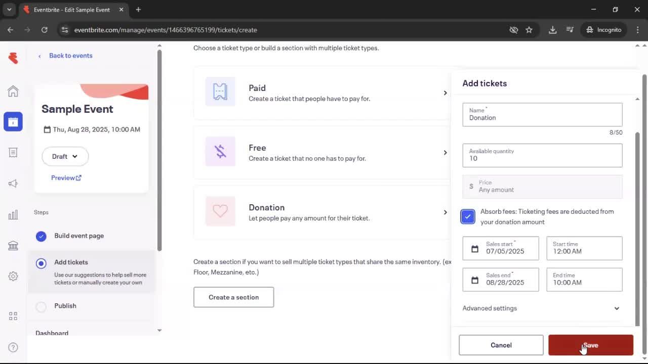 Creating an event screenshot