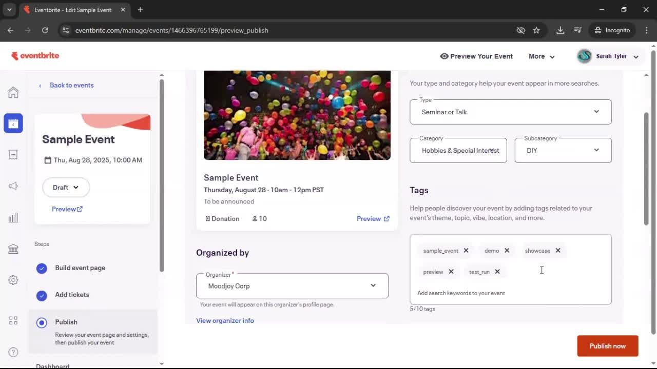 Creating an event screenshot