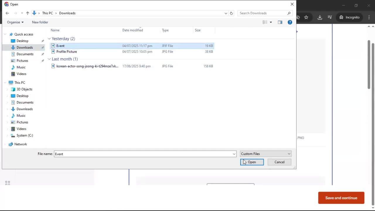 Creating an event screenshot