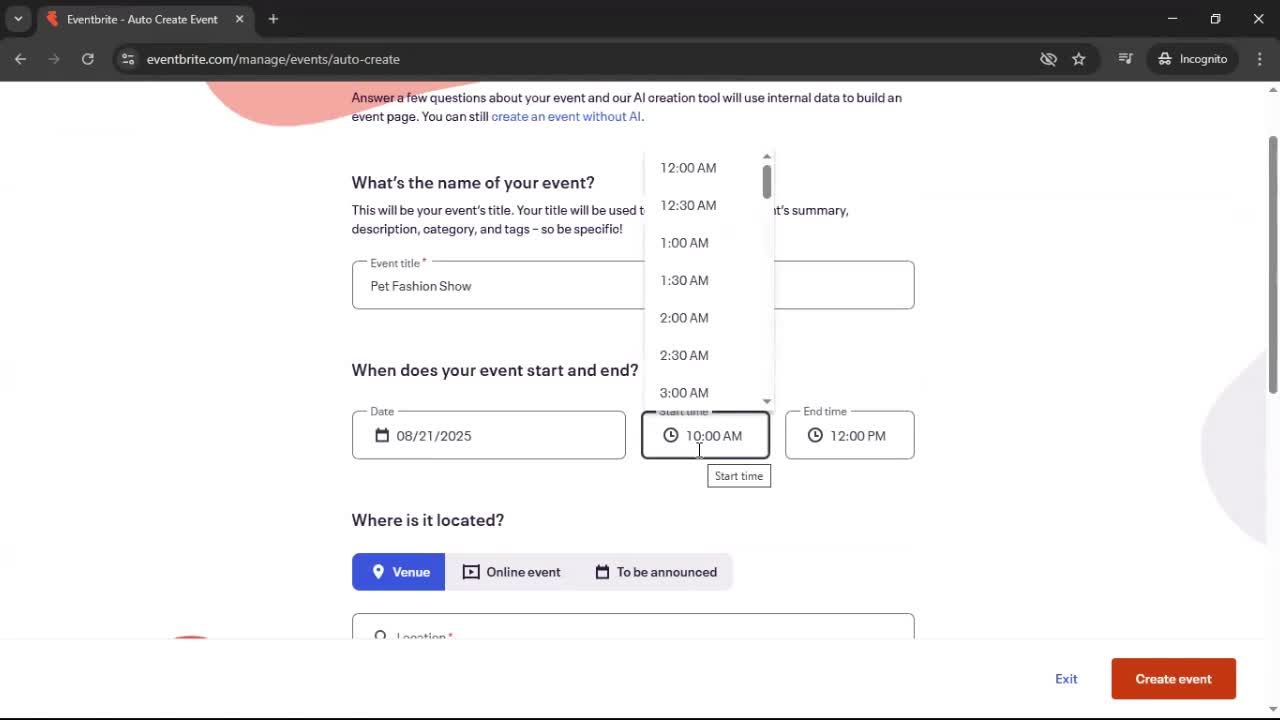 Creating an Event with AI screenshot