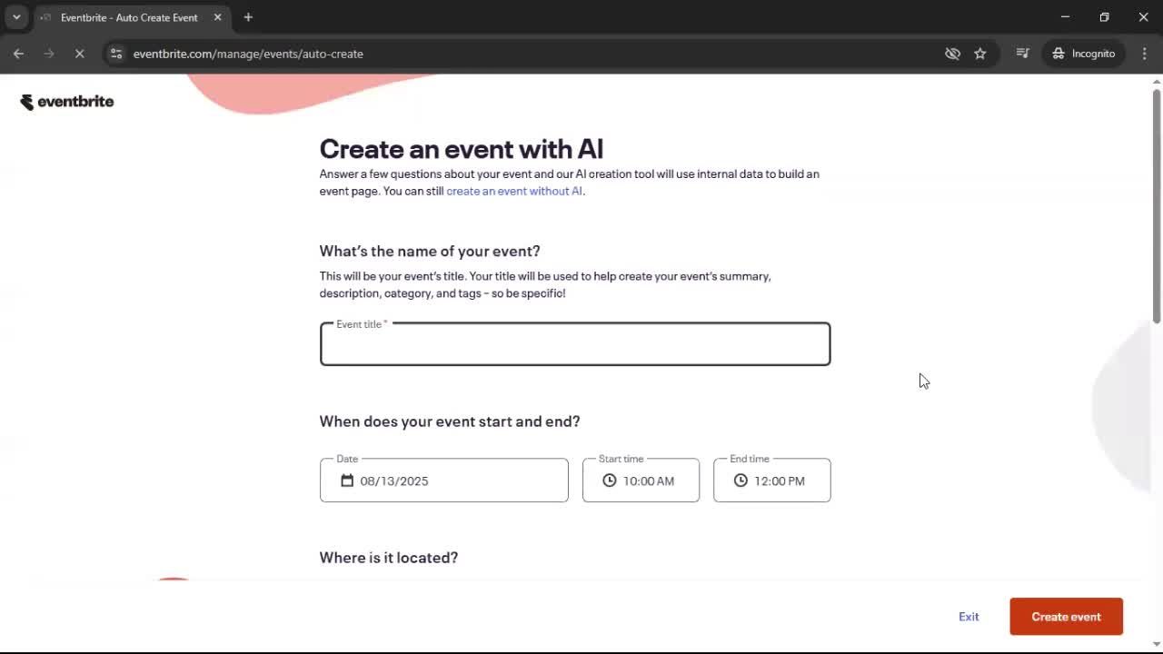 Creating an Event with AI screenshot