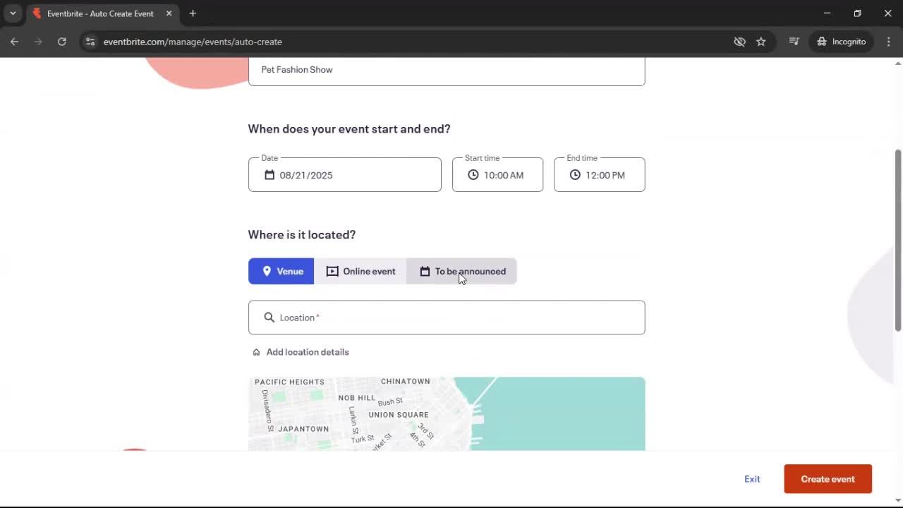 Creating an Event with AI screenshot