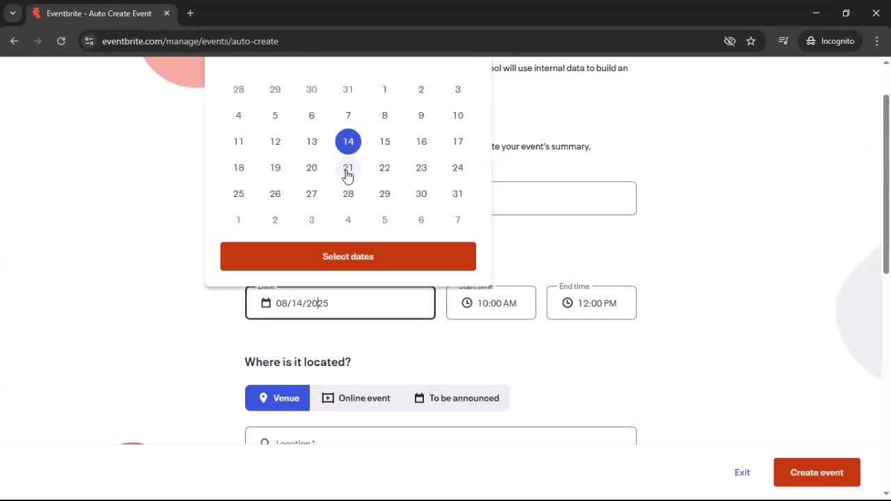 Creating an Event with AI screenshot