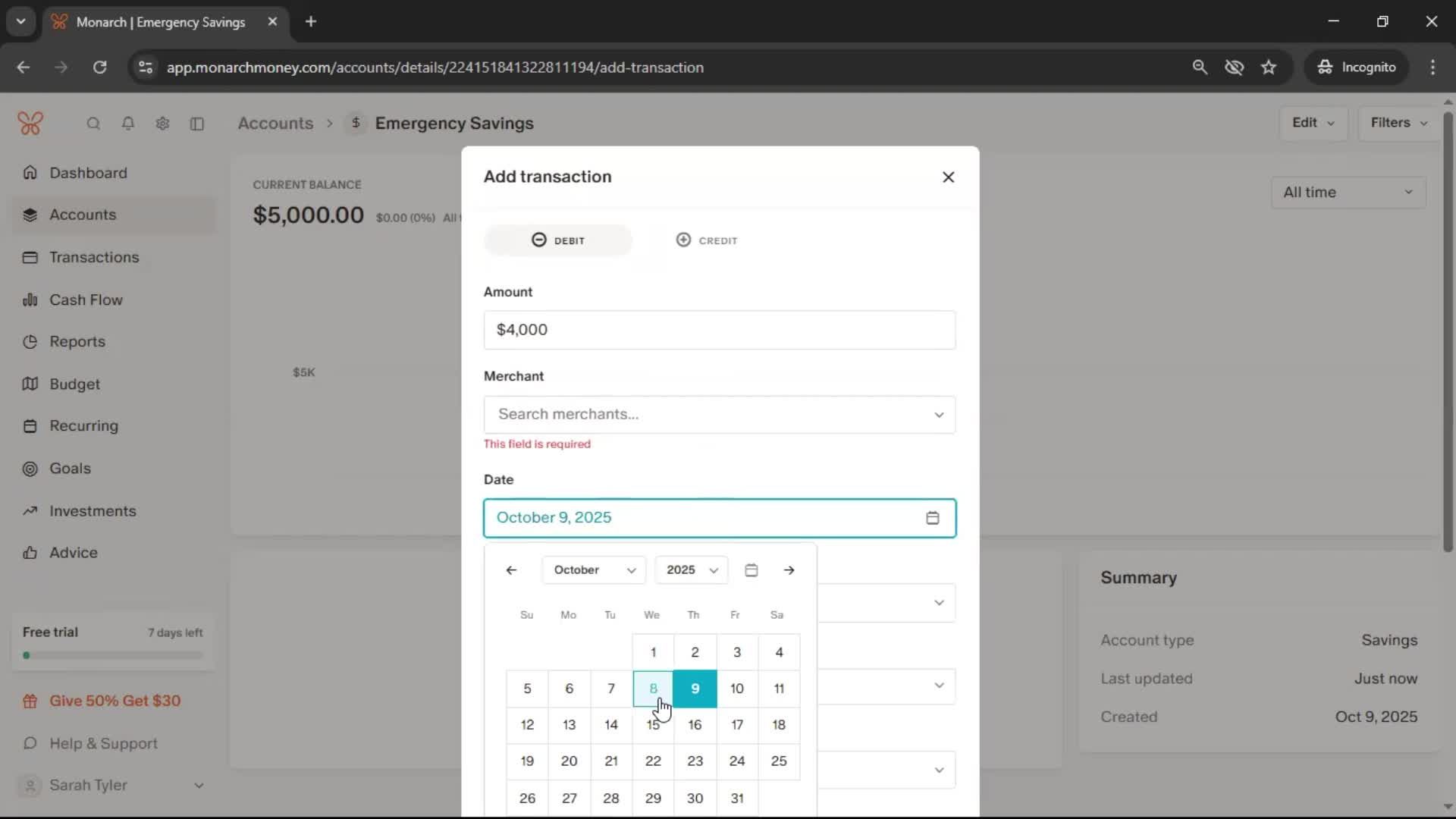 Adding an account screenshot