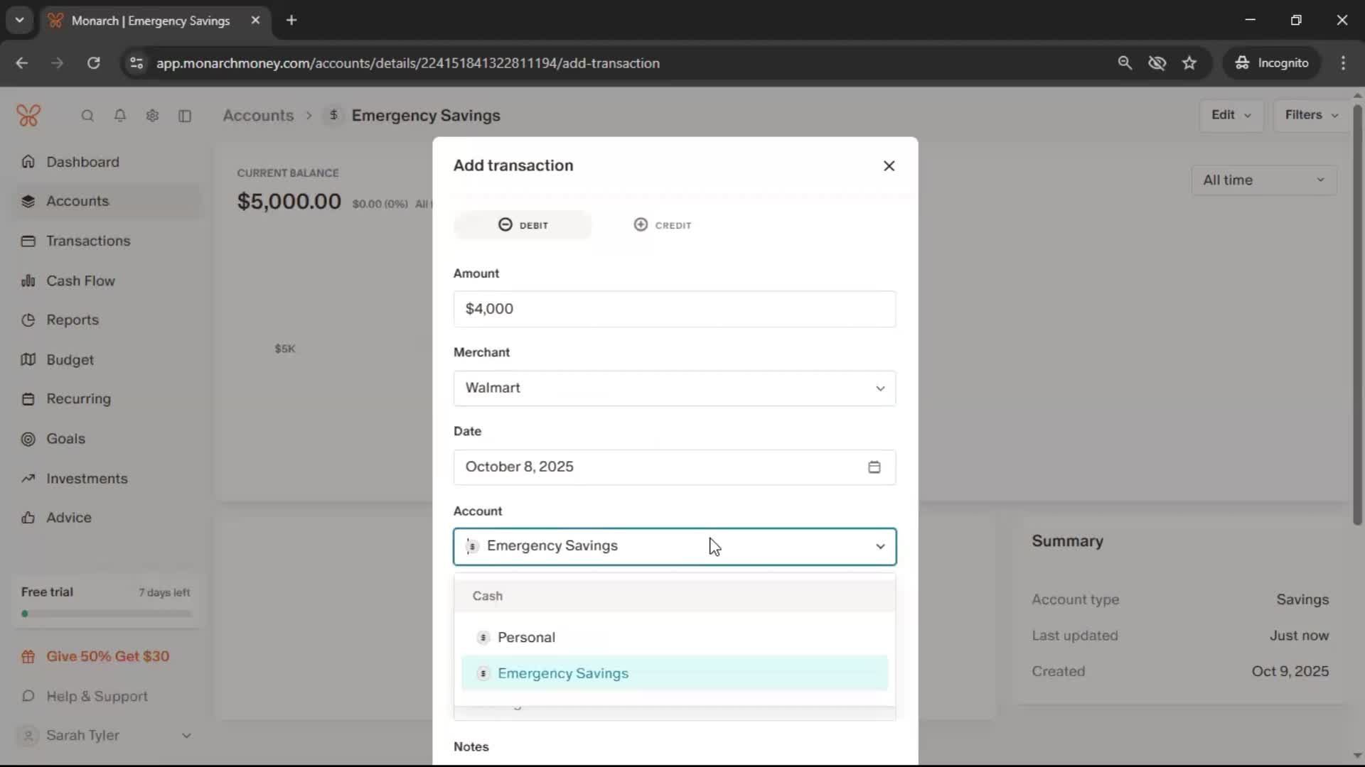 Adding an account screenshot