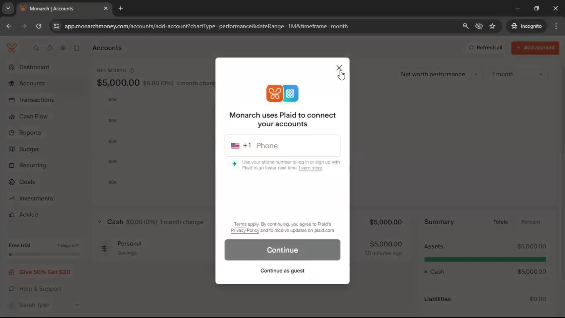 Adding an account screenshot