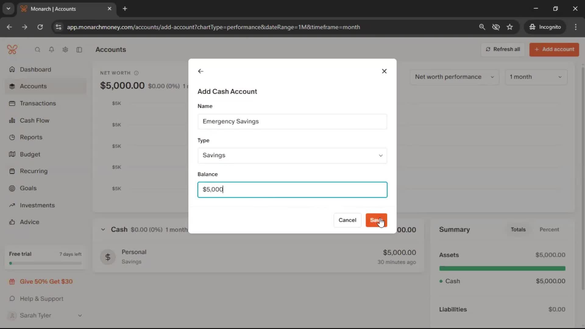 Adding an account screenshot