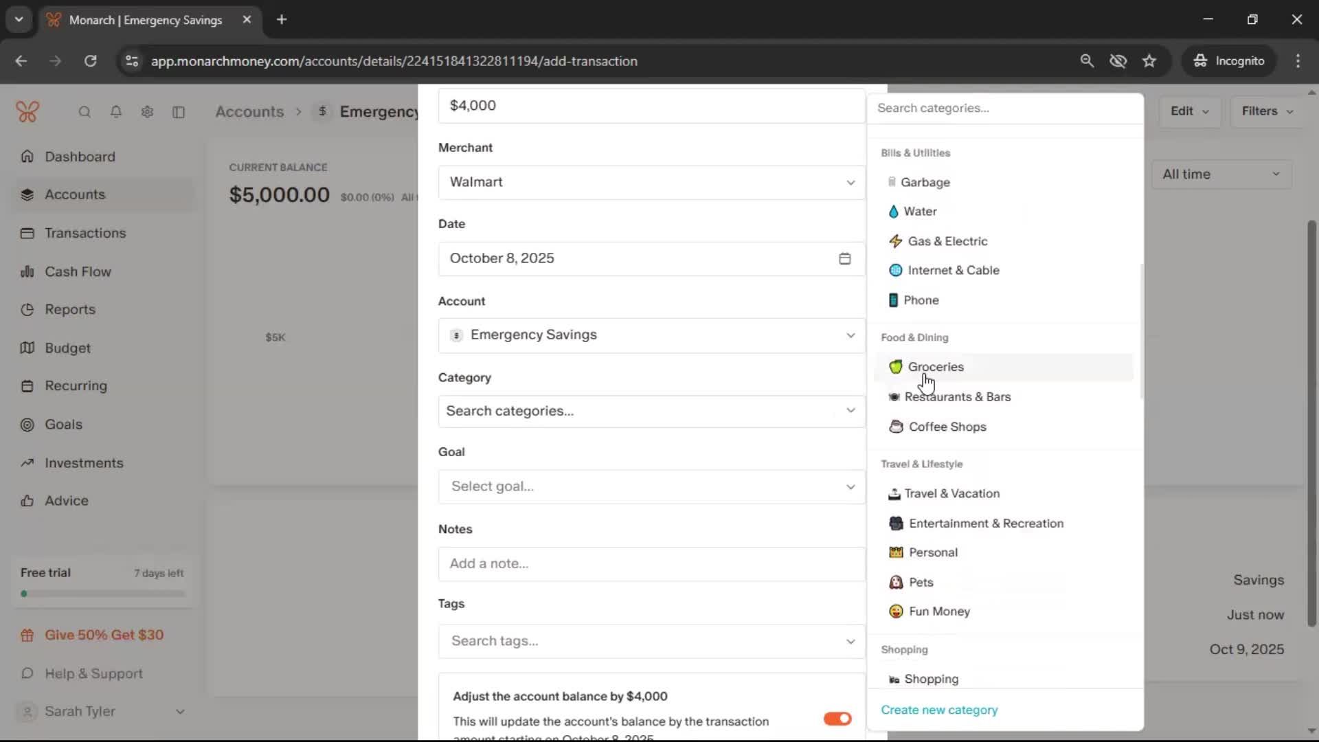 Adding an account screenshot