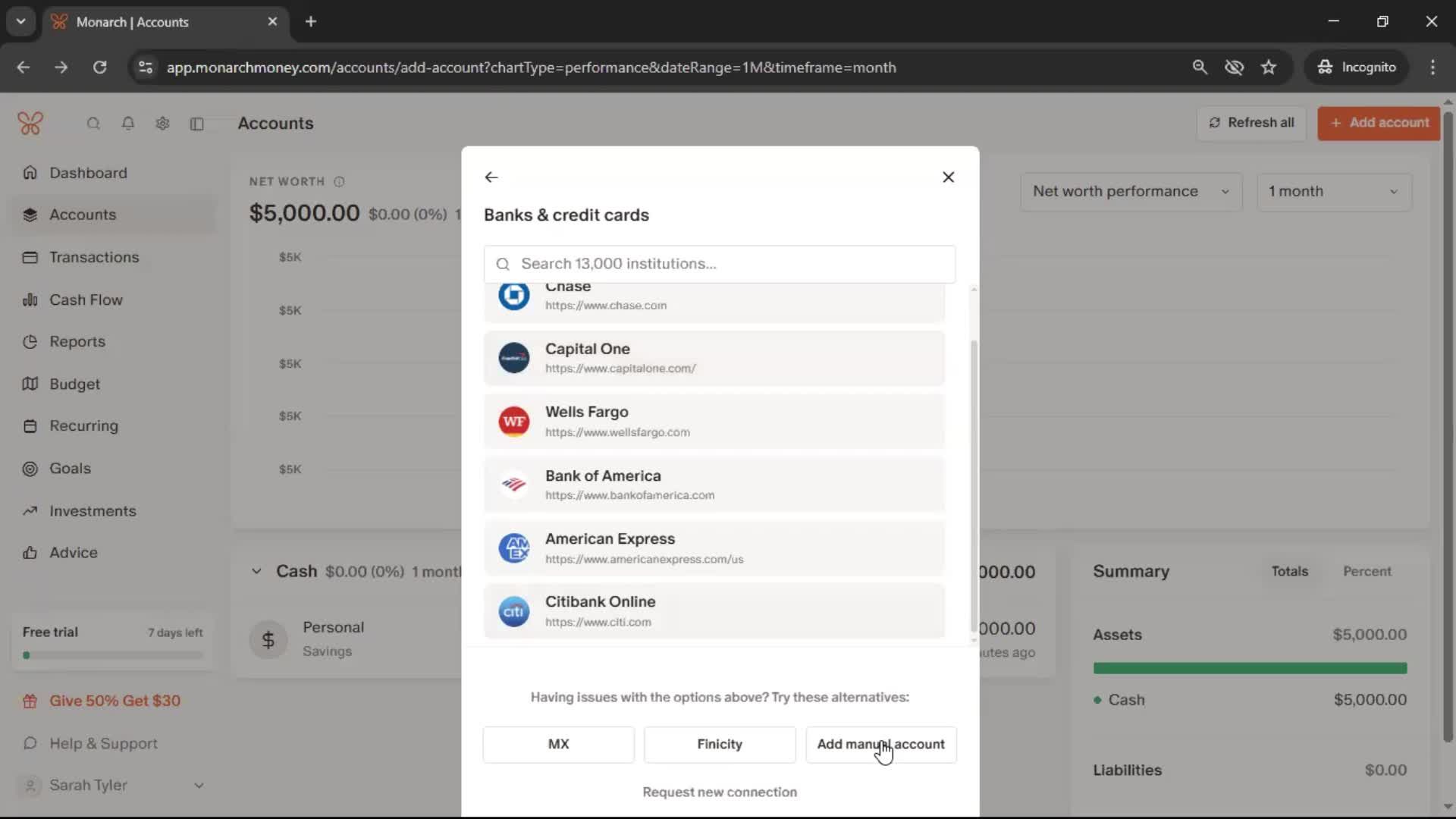 Adding an account screenshot