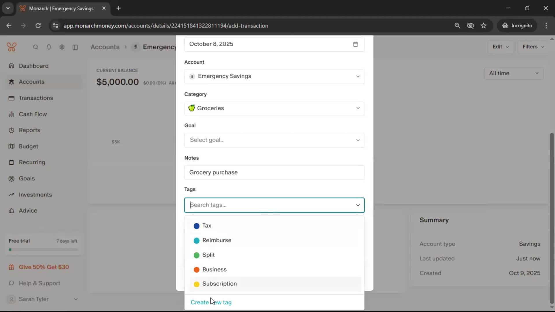 Adding an account screenshot
