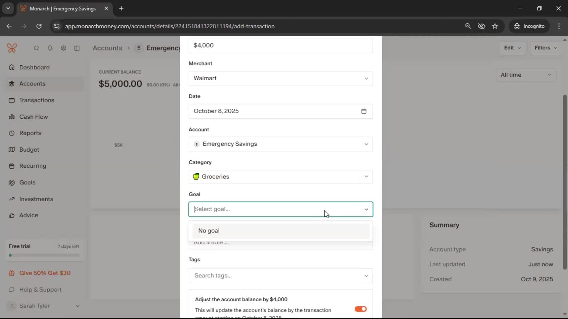 Adding an account screenshot