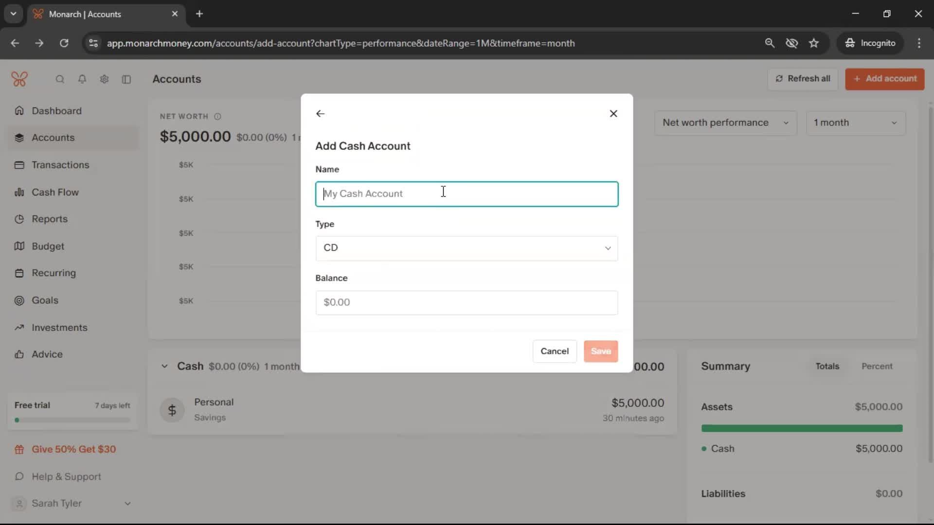 Adding an account screenshot