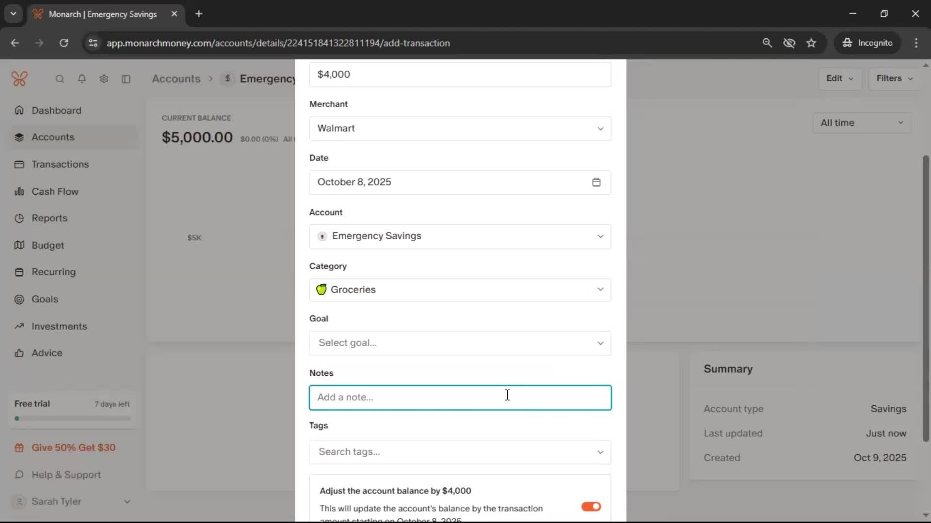 Adding an account screenshot