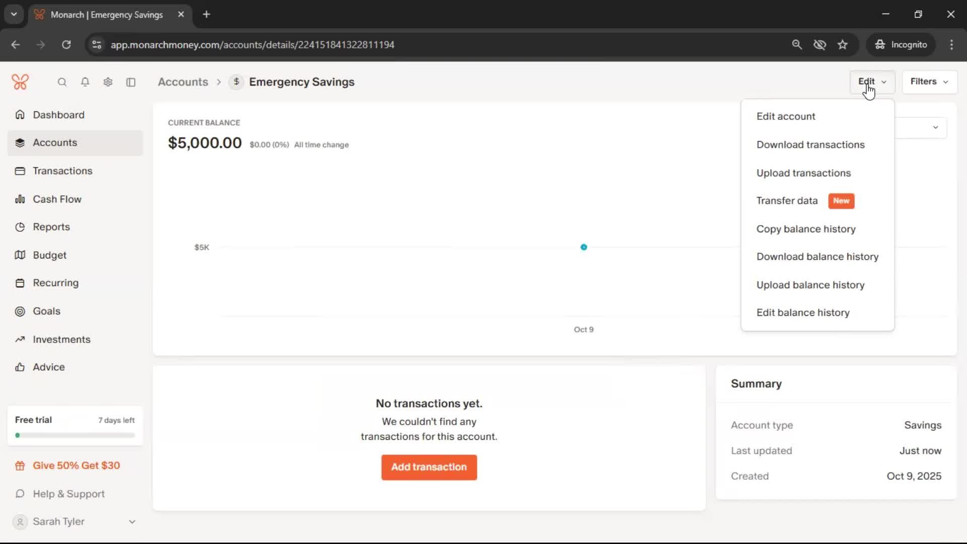 Adding an account screenshot