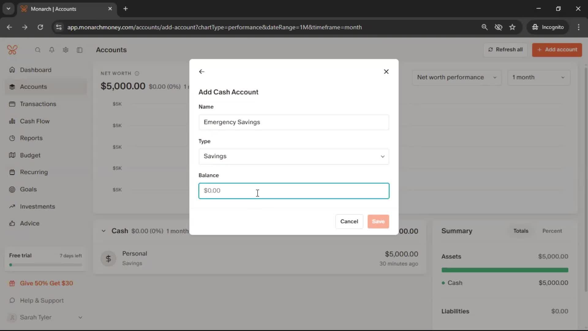 Adding an account screenshot