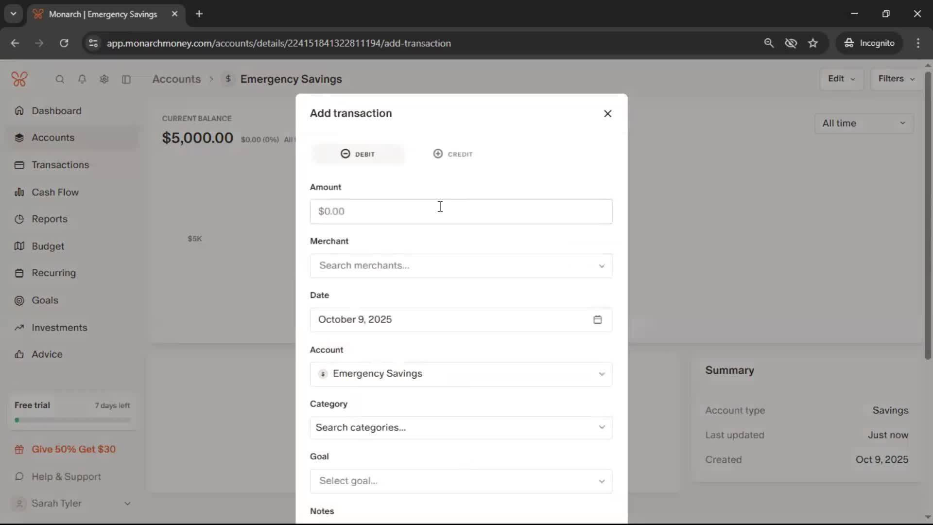 Adding an account screenshot