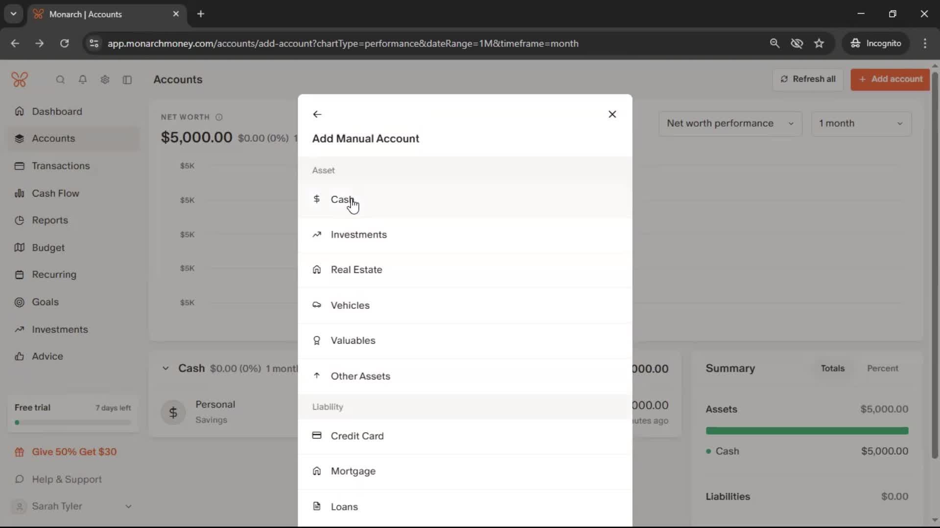 Adding an account screenshot