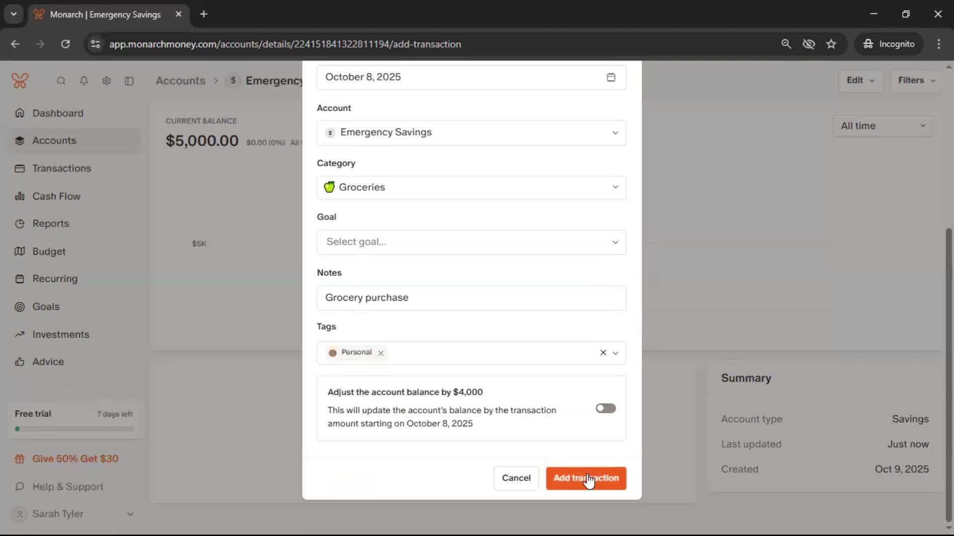 Adding an account screenshot