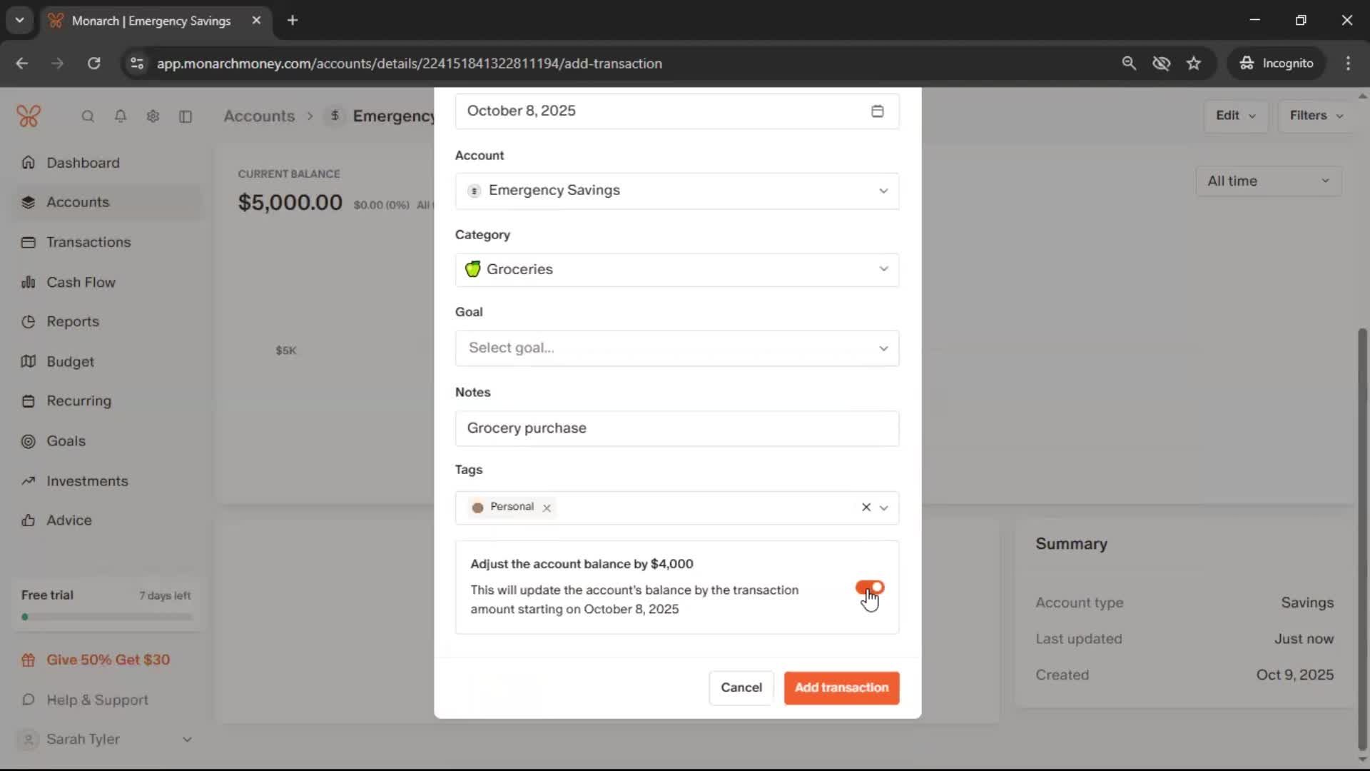 Adding an account screenshot