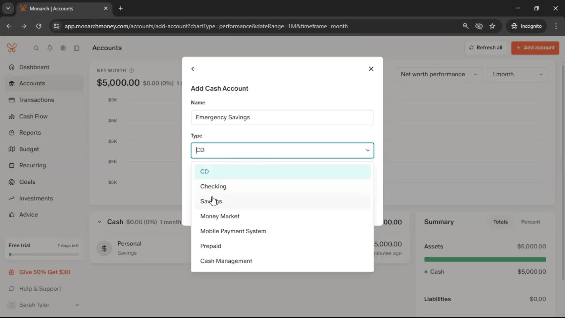 Adding an account screenshot