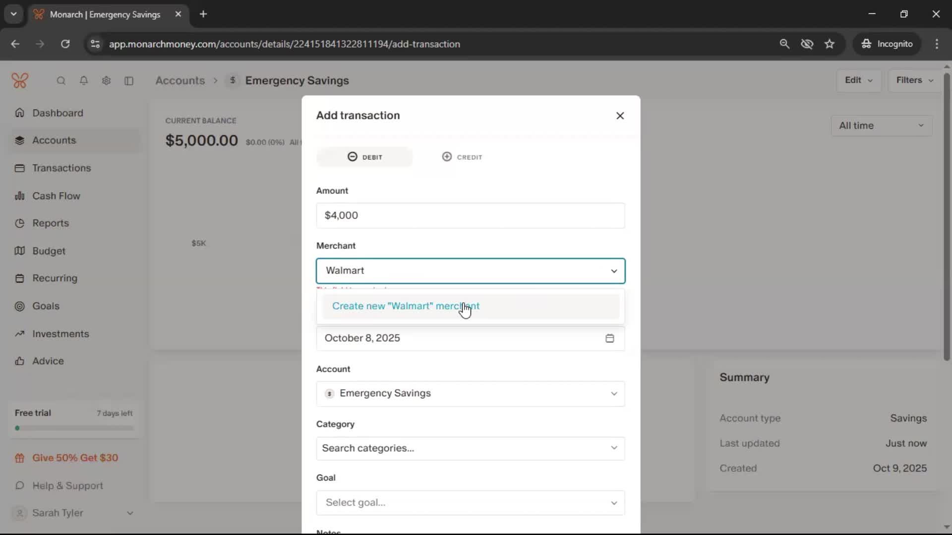 Adding an account screenshot