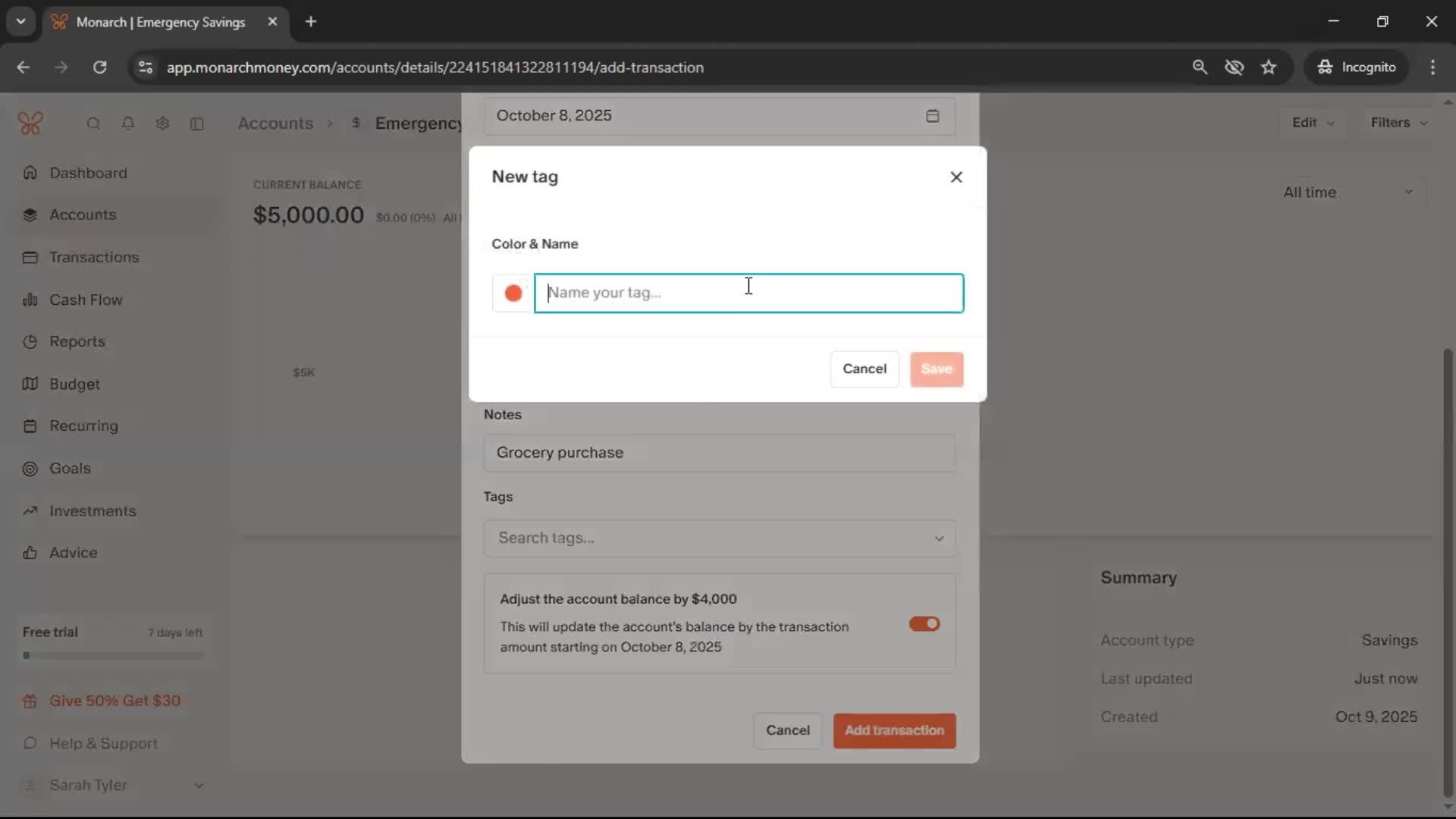 Adding an account screenshot