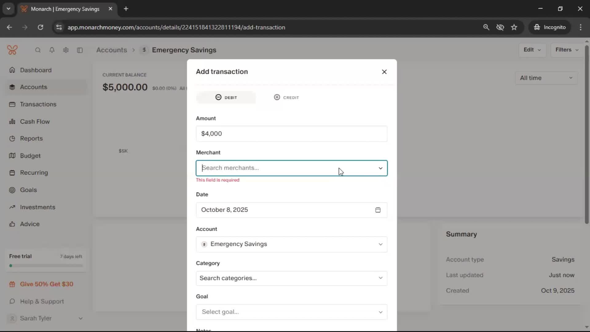 Adding an account screenshot