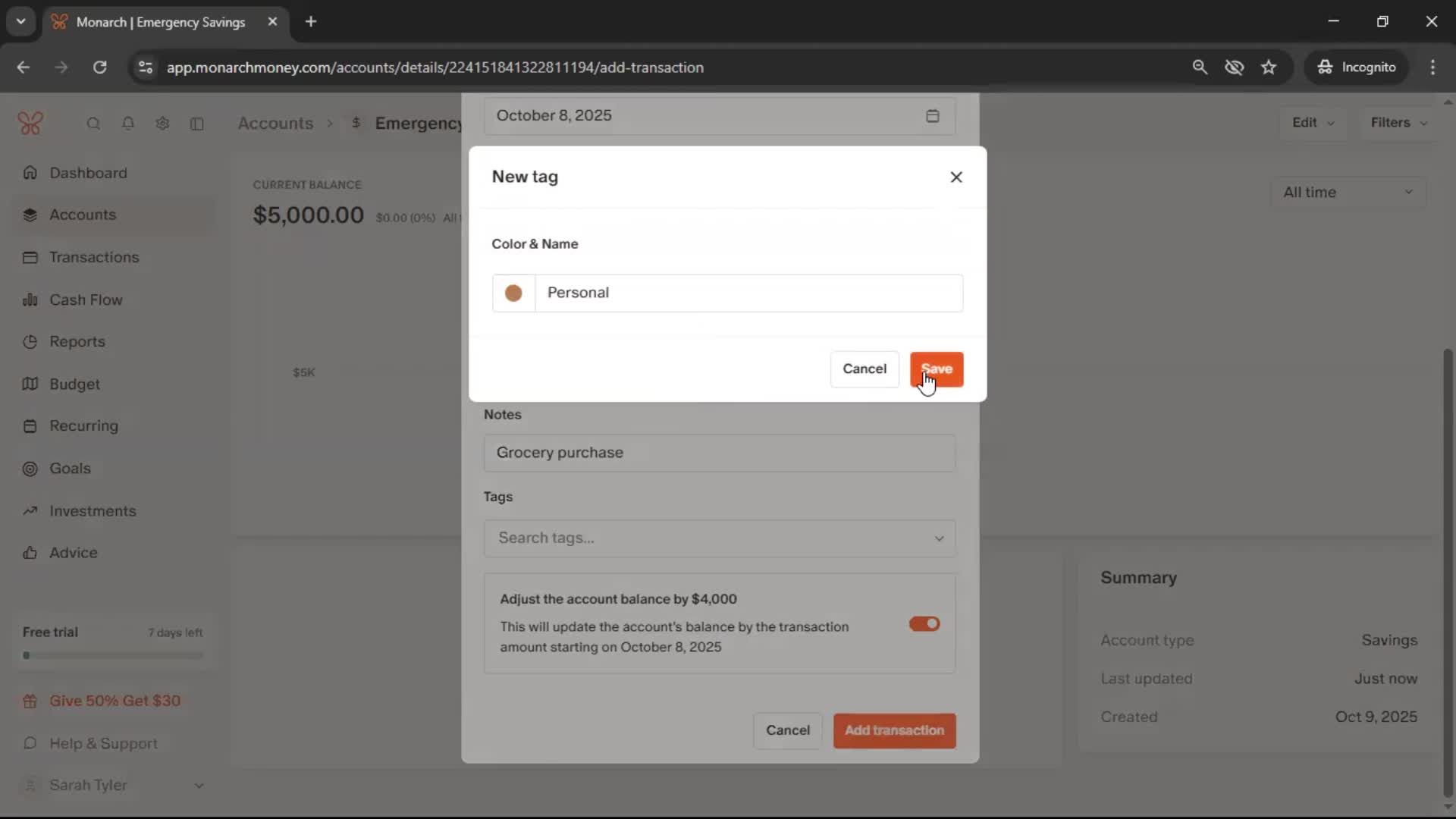 Adding an account screenshot