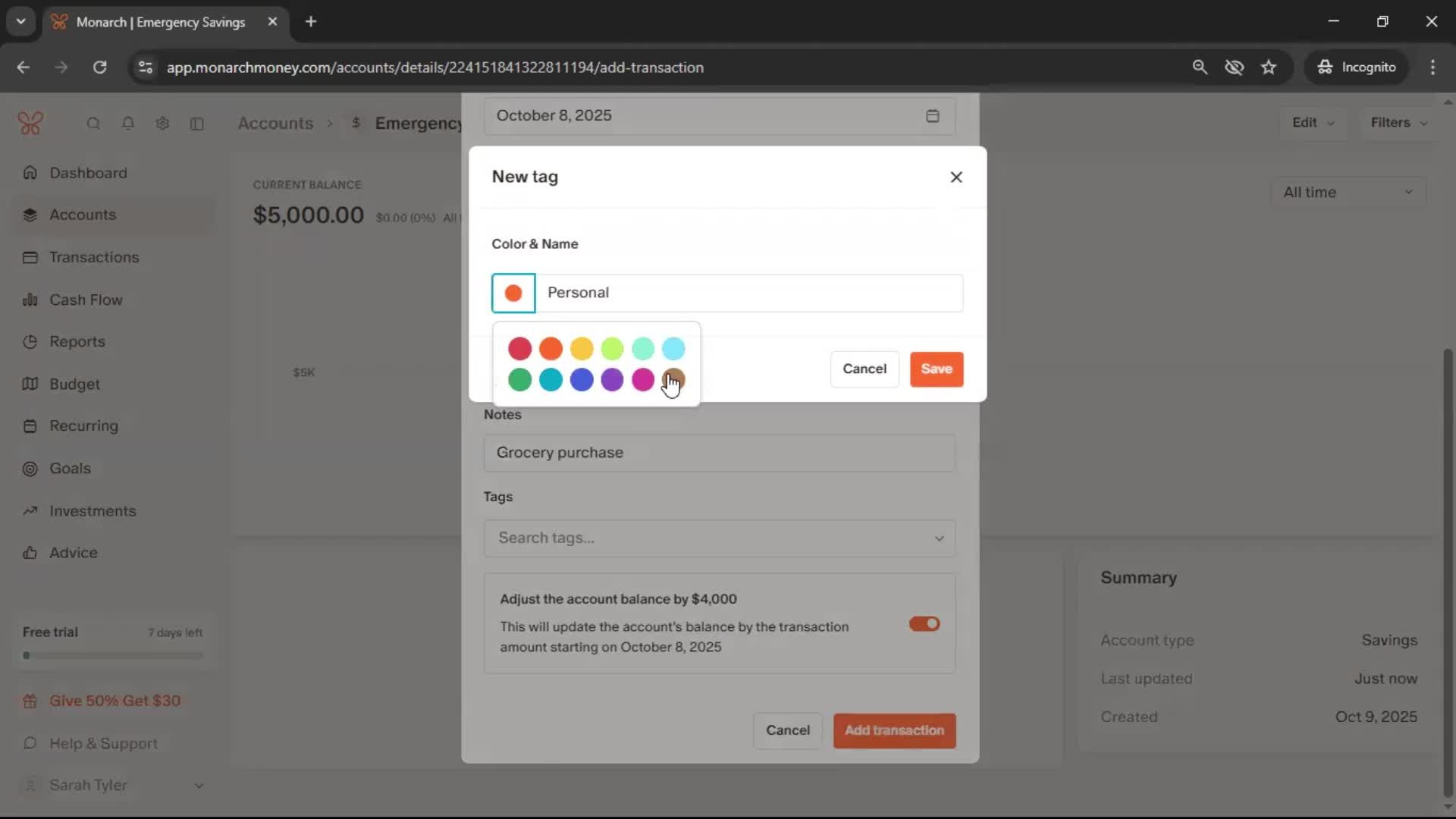 Adding an account screenshot