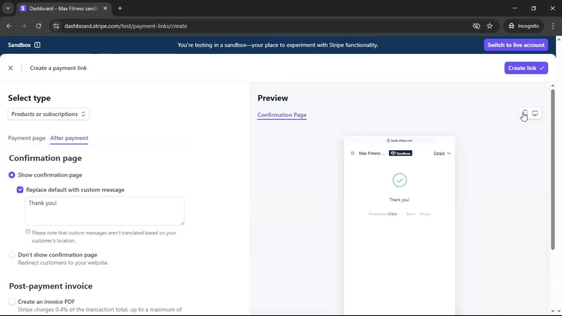 Creating an account screenshot