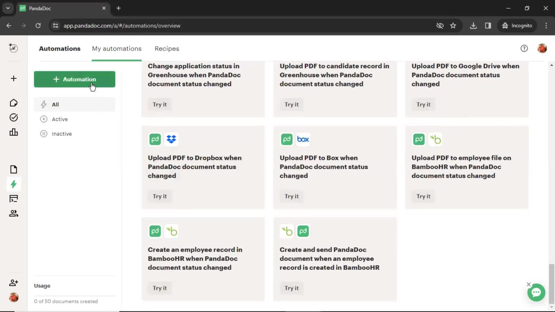 Creating an automation workflow screenshot