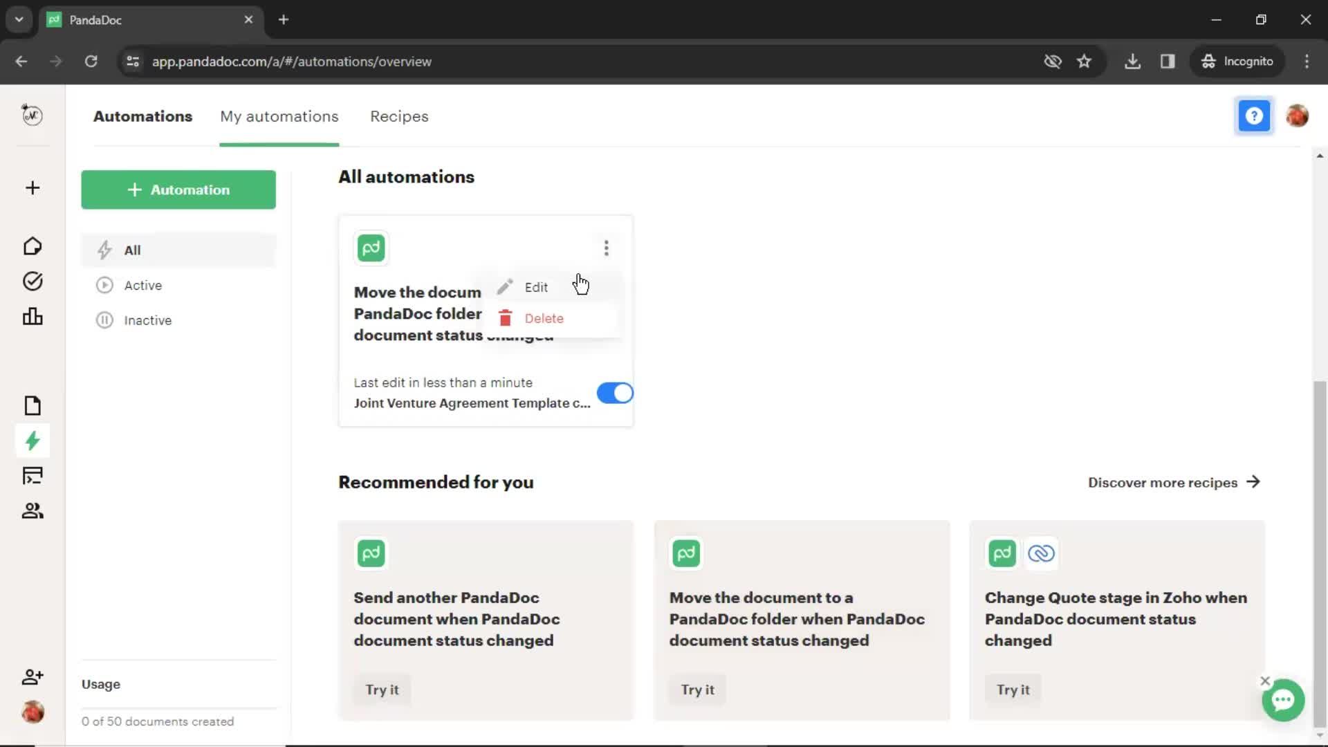 Creating an automation workflow screenshot