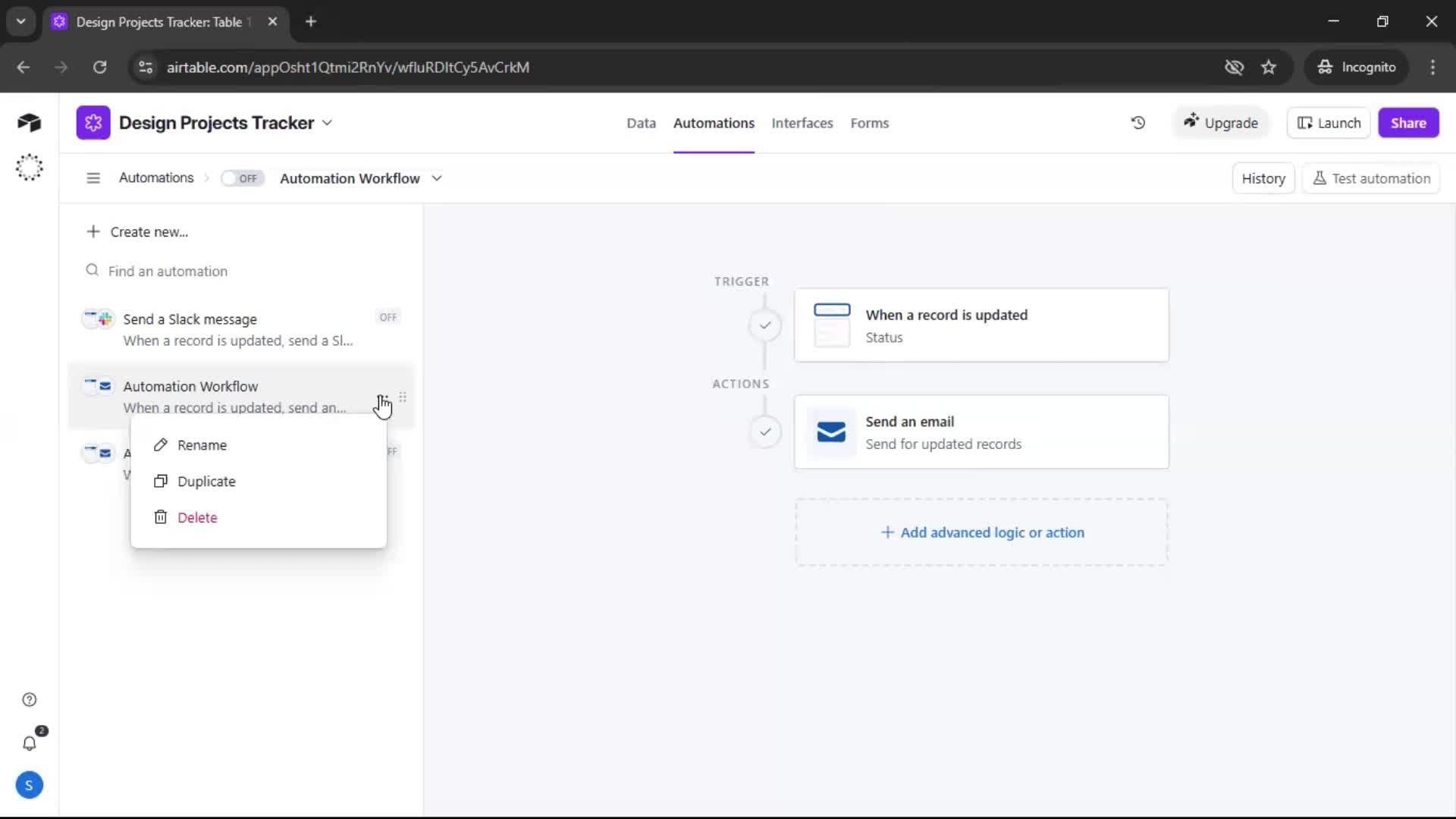 Creating an automation workflow screenshot