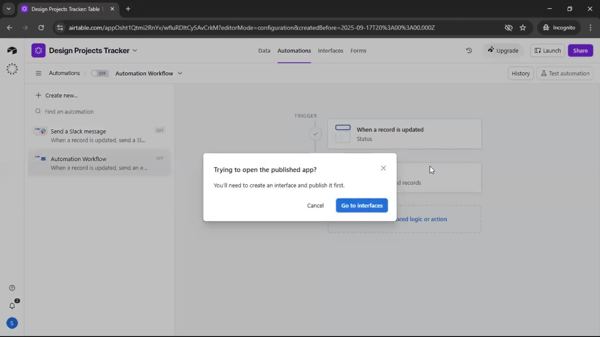 Creating an automation workflow screenshot