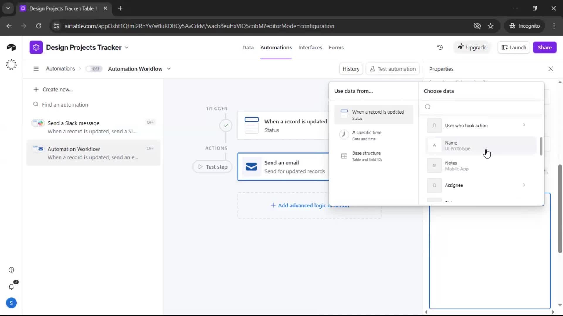 Creating an automation workflow screenshot