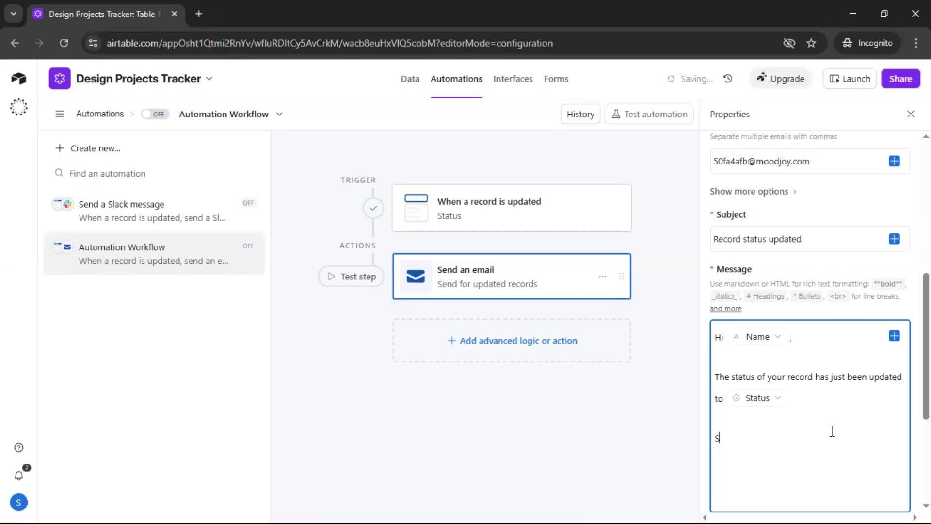 Creating an automation workflow screenshot