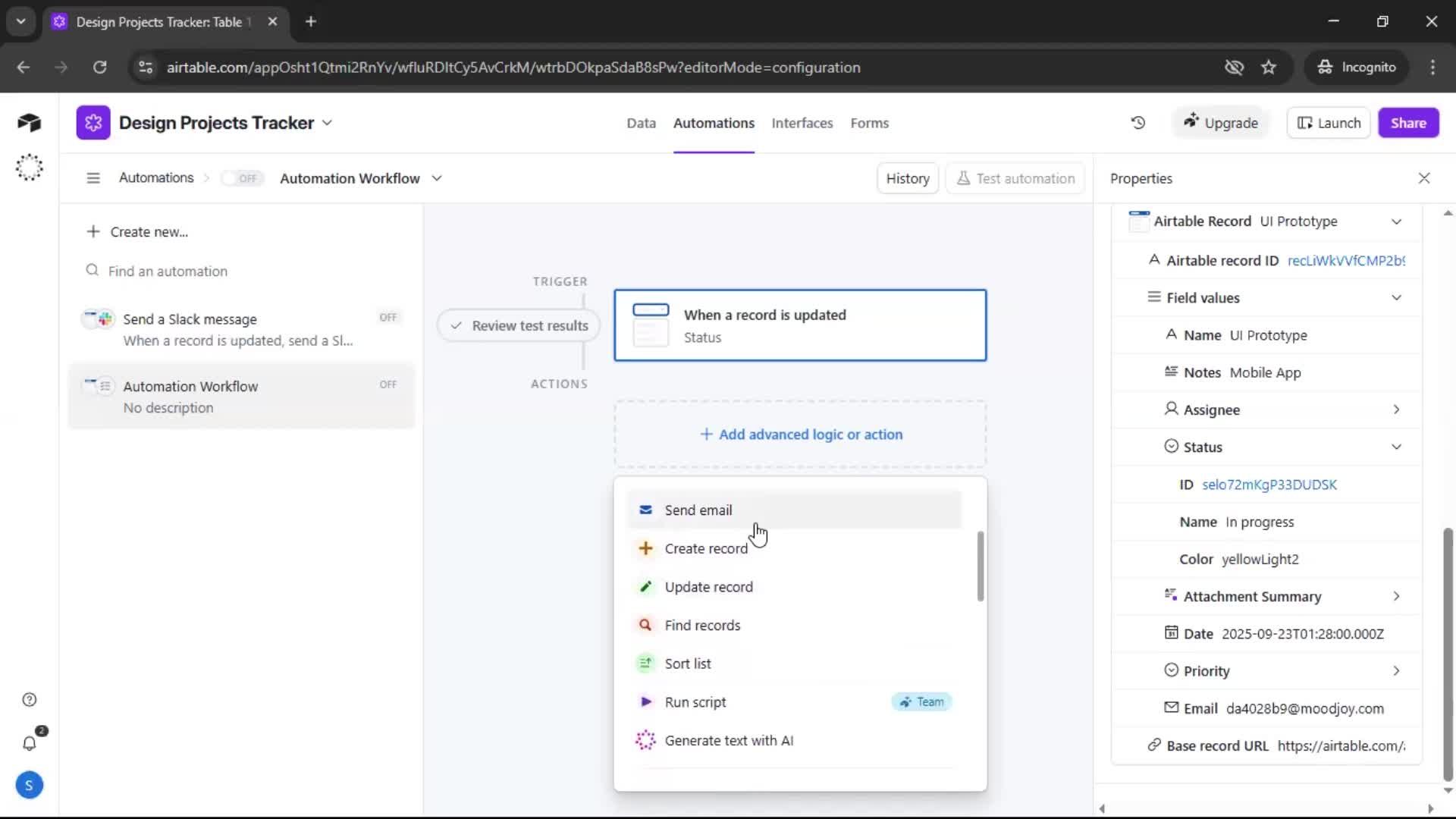 Creating an automation workflow screenshot
