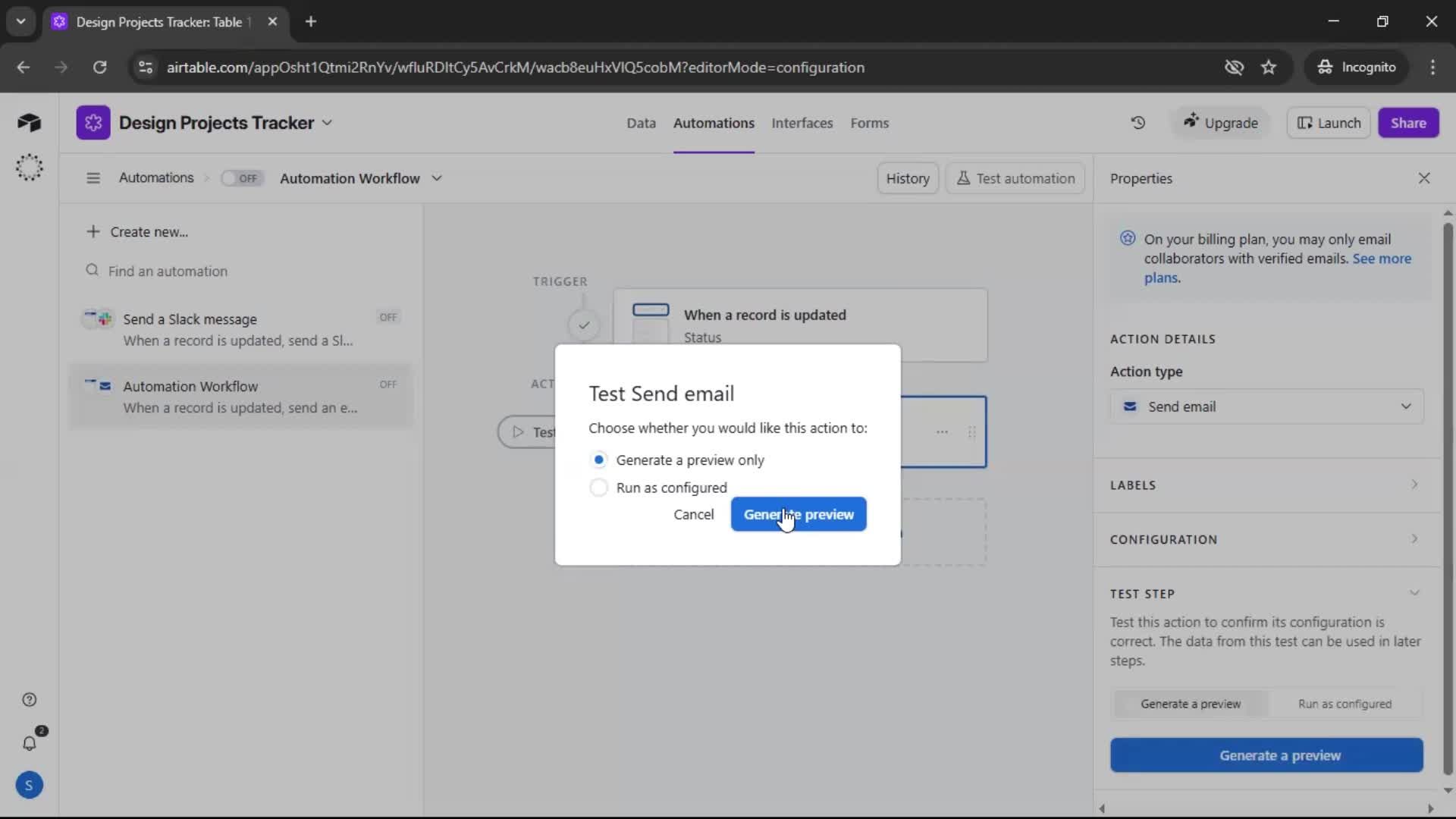 Creating an automation workflow screenshot