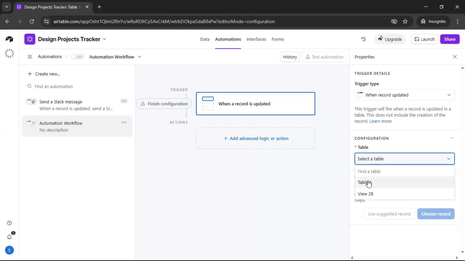 Creating an automation workflow screenshot