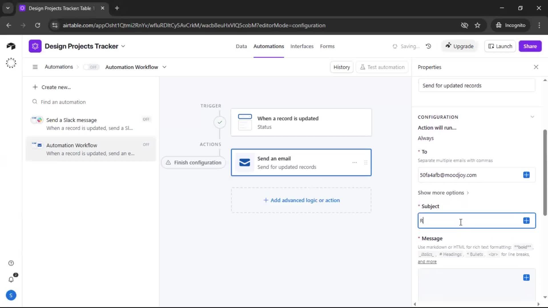 Creating an automation workflow screenshot