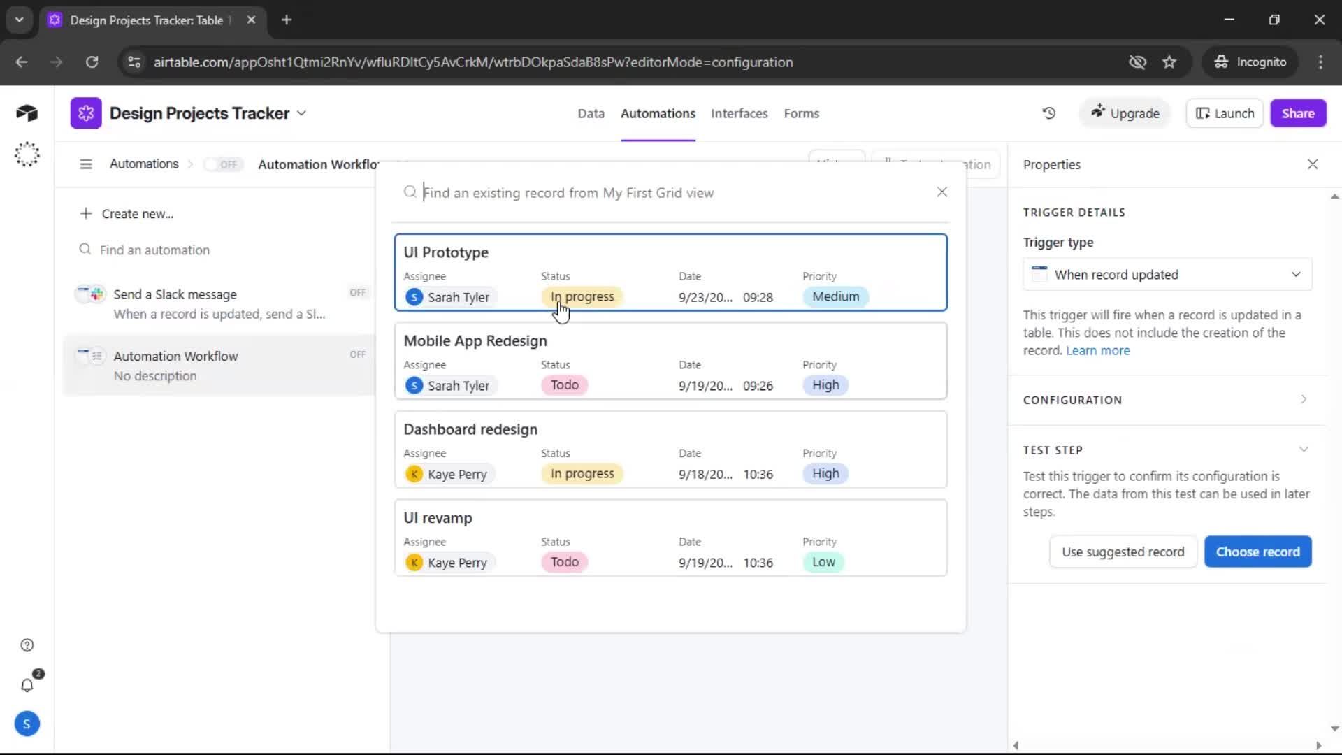 Creating an automation workflow screenshot