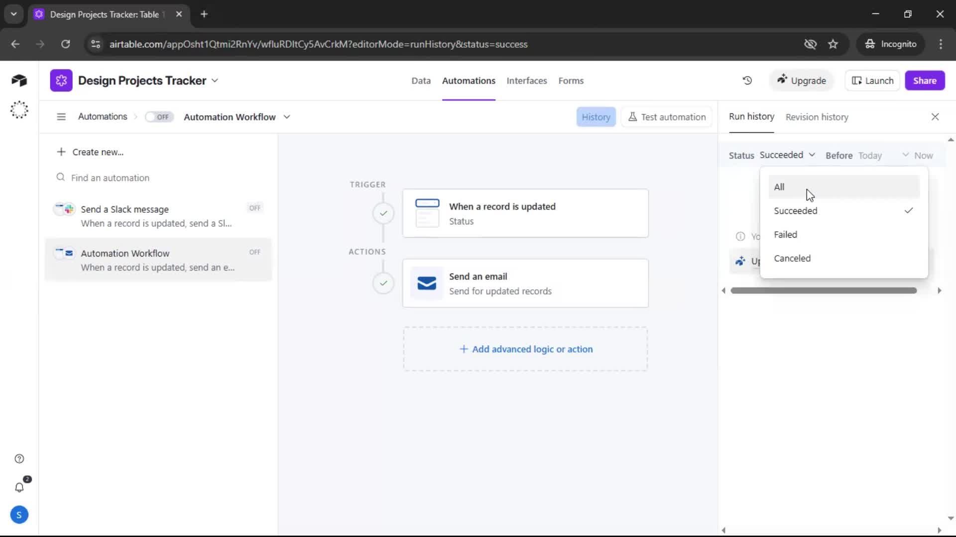 Creating an automation workflow screenshot