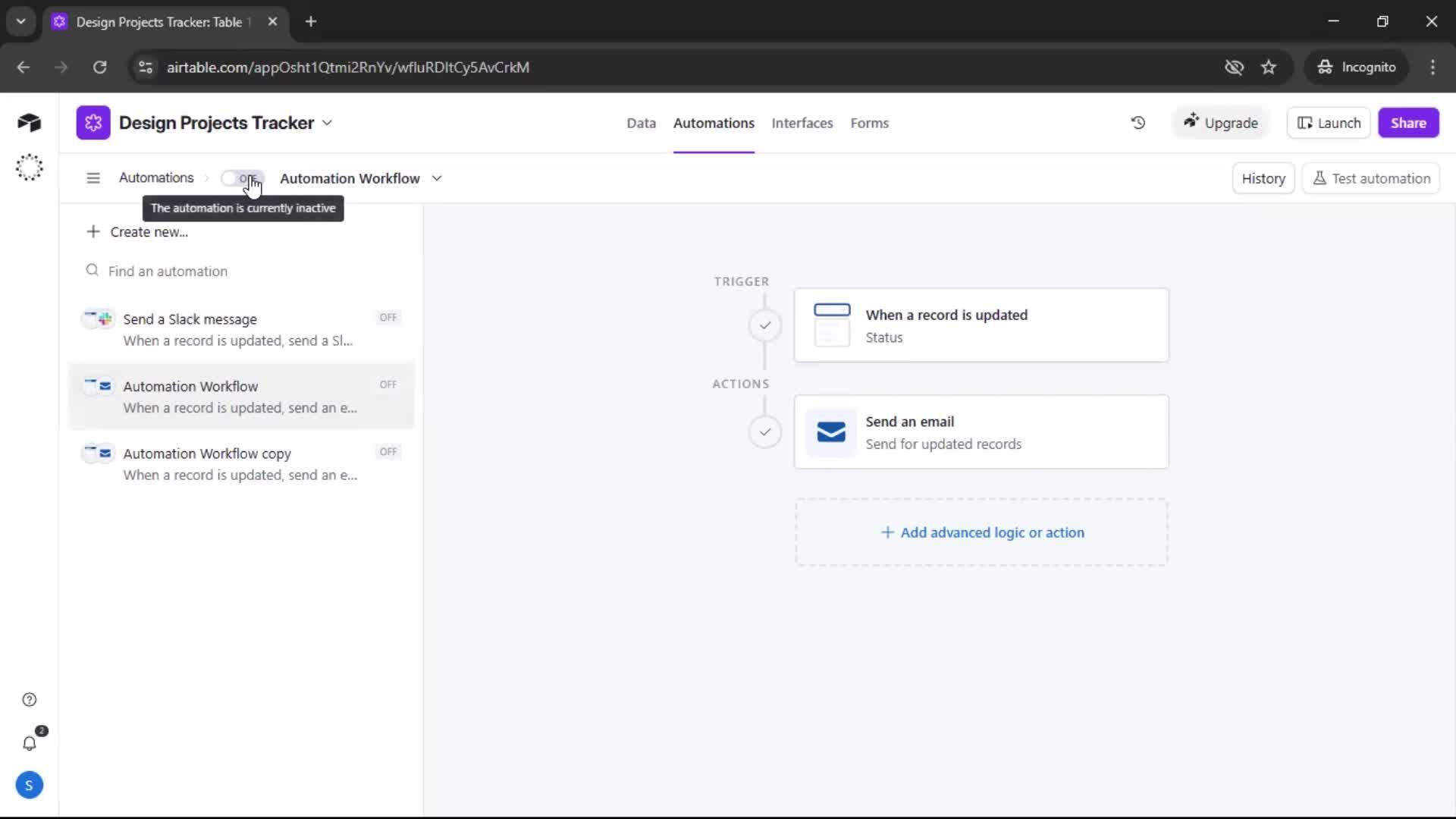 Creating an automation workflow screenshot