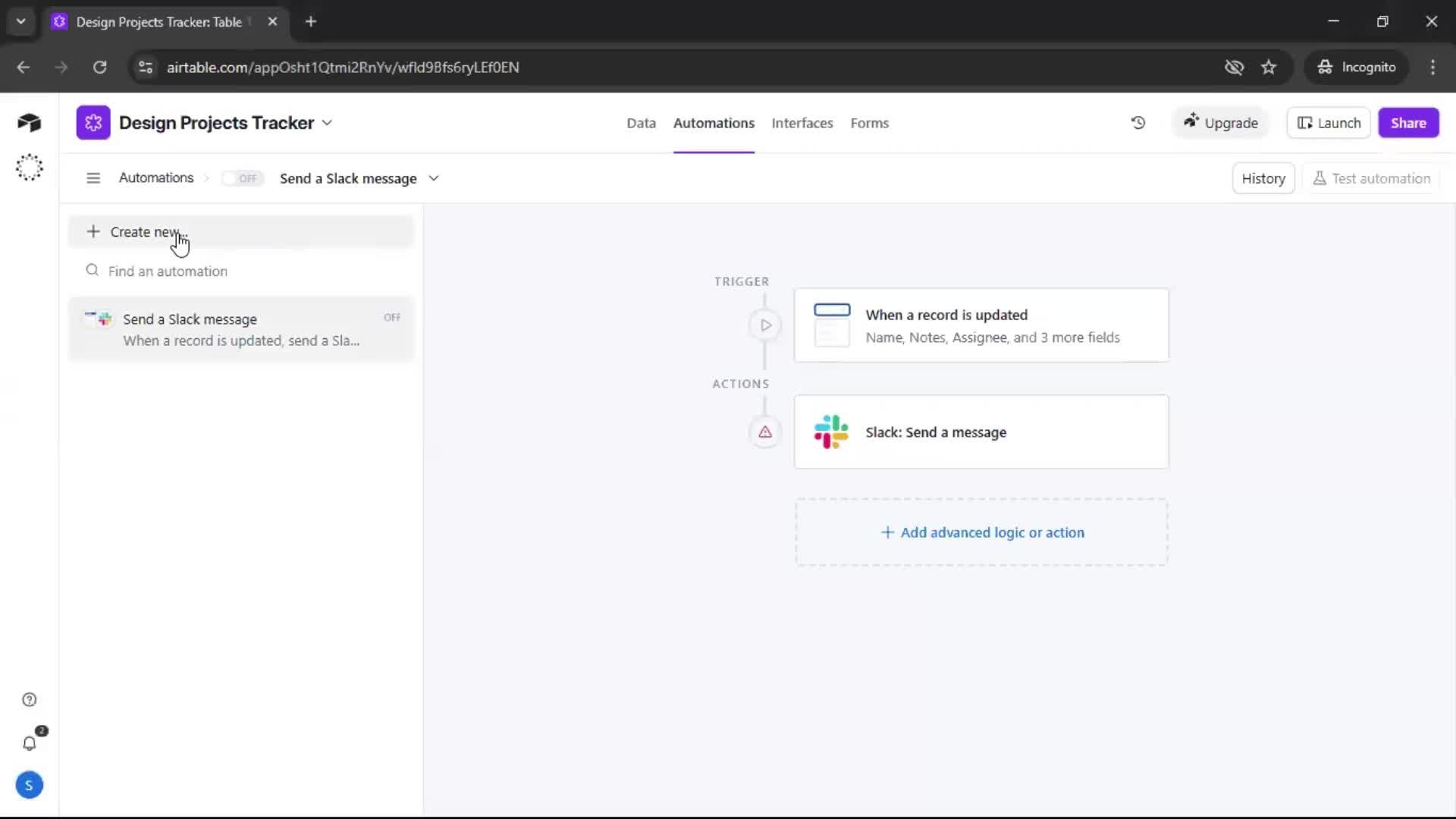 Creating an automation workflow screenshot