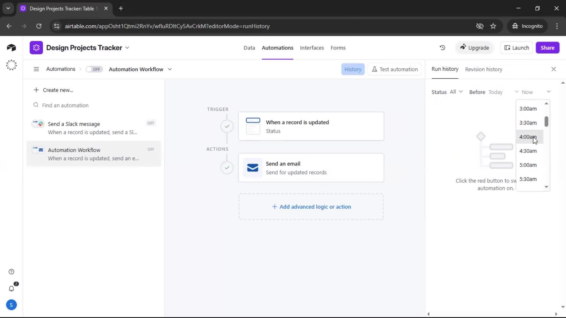 Creating an automation workflow screenshot