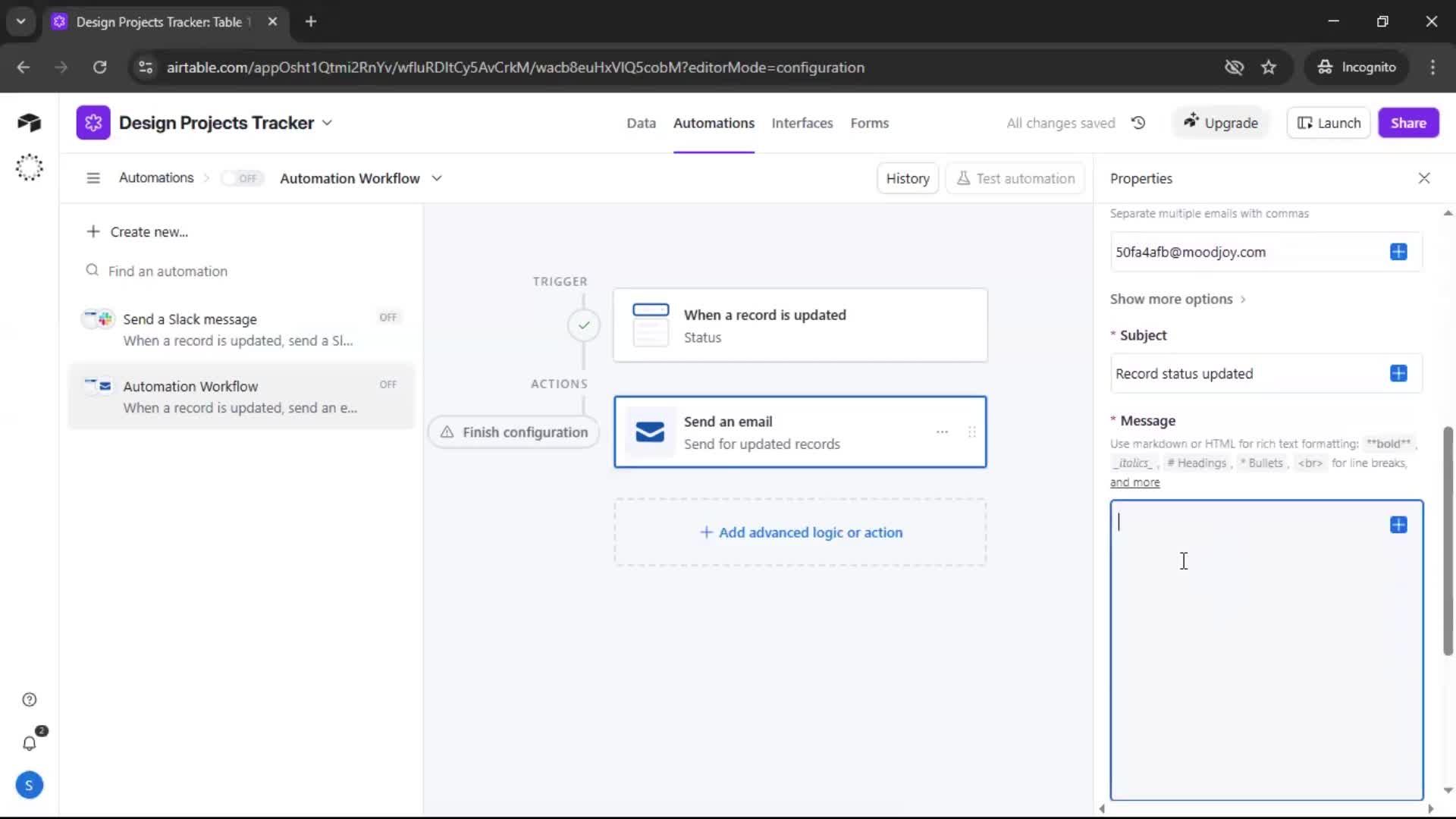 Creating an automation workflow screenshot