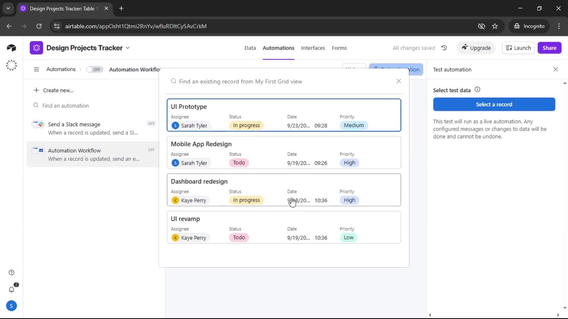 Creating an automation workflow screenshot