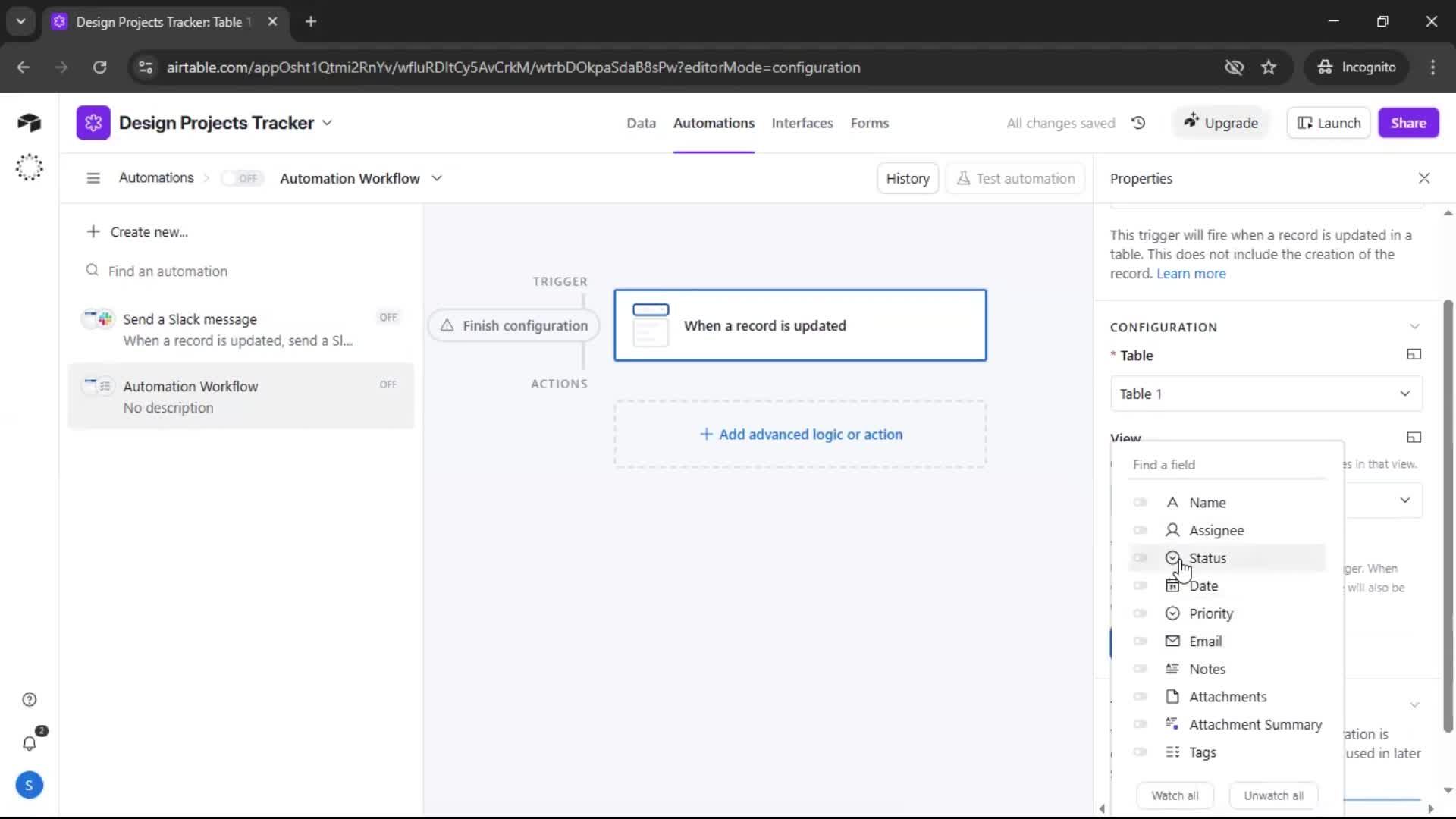 Creating an automation workflow screenshot
